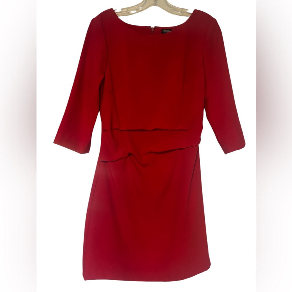 J Peterman Women’s Holiday Red Crepe 3/4 Sleeve Knee Length Sheath Dress 4 Red